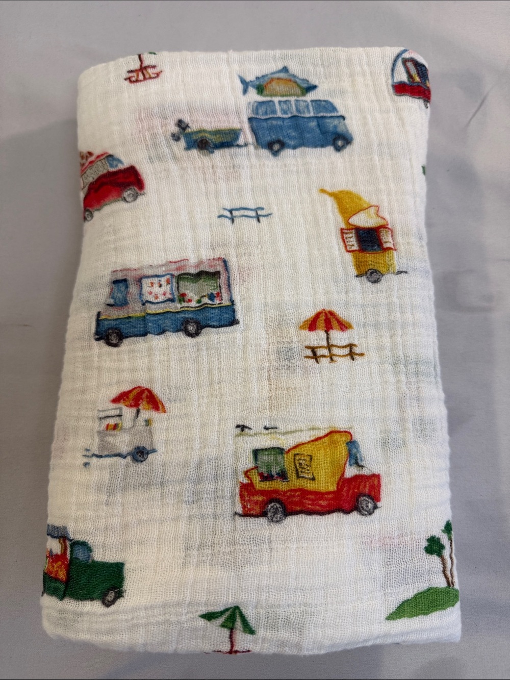 Little Unicorn Kids Muslin with Colorful Food Truck Print - White